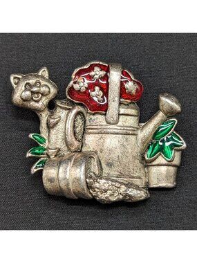 Vtg Danecraft Watering Can Cat Brooch Gardening Enamel Kitty Pewter Pin